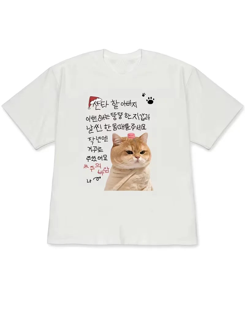 Women's T-shirt Fashion Ladies T-Shirts with Santa Hat and Korean Text Cute and Cozy Korean Style, Ideal for SpringSummer
