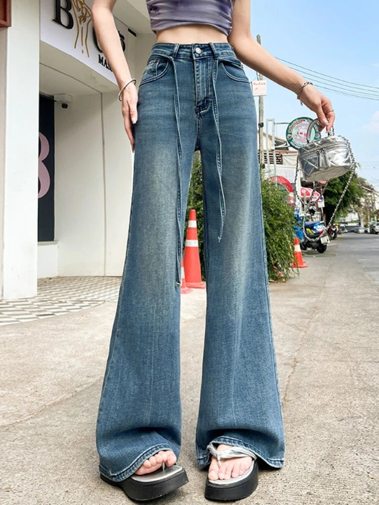 2026 Spring Summer New Women's High Quality Stretchy Jeans High Waist Drawstring Loose Floor-Length Flared Pants